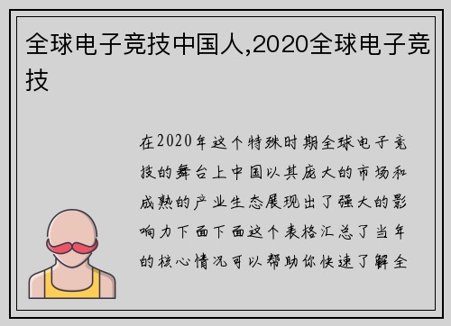 全球电子竞技中国人,2020全球电子竞技